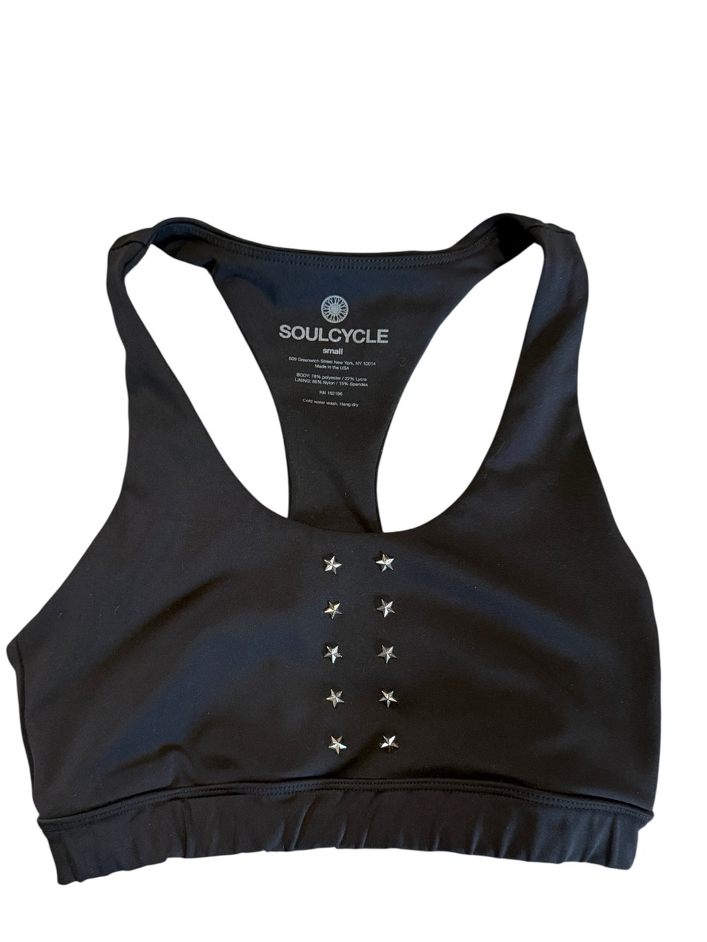 Soulcycle Small Black Racerback Sports Bra with Silver Star Studs